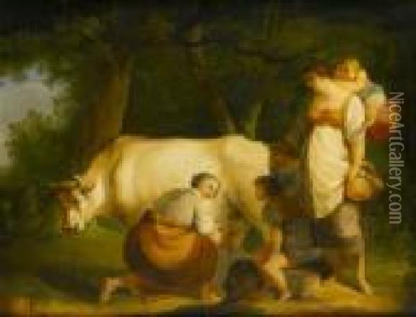 A Mother And Children Watching A Woman Milking A Cow Oil Painting - George Morland
