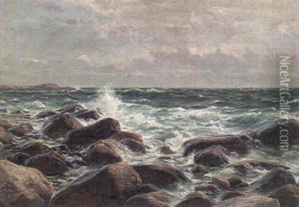 Strandbranningar Oil Painting - Berndt Adolf Lindholm