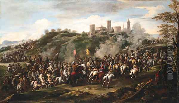 A cavalry charge beneath a hilltop fortified town Oil Painting - Francesco Simonini