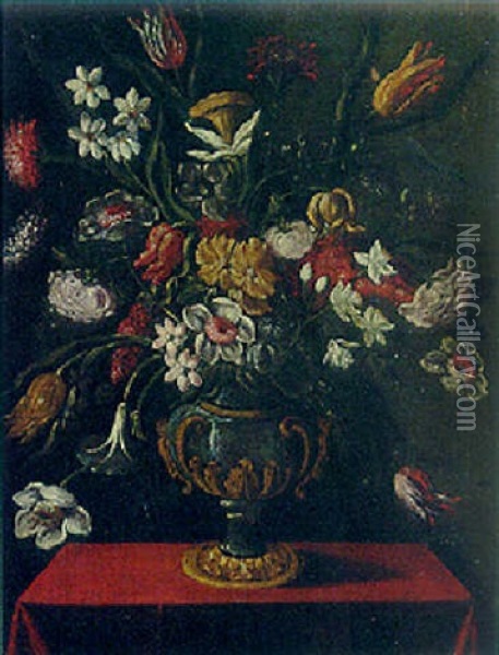 Flowers In A Silver-gilt Urn On A Draped Table Oil Painting - Giacomo Recco
