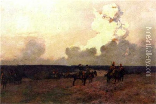 Battlefield With Military Figures On Horseback Oil Painting - Francois Flameng