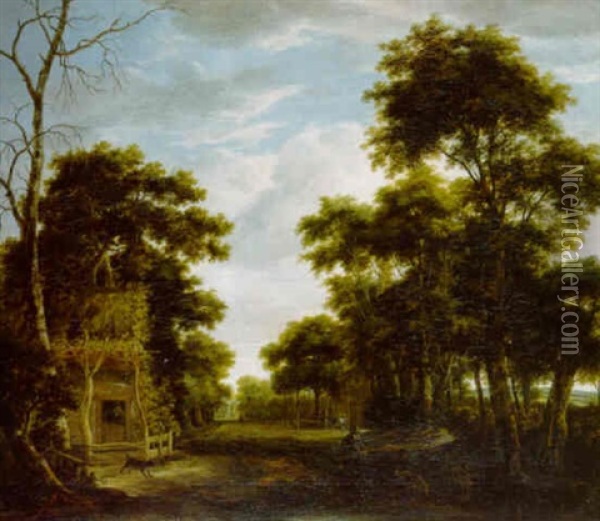 A Wooded Landscape With A Swineherd On A Track Oil Painting - Anthonie Waterloo