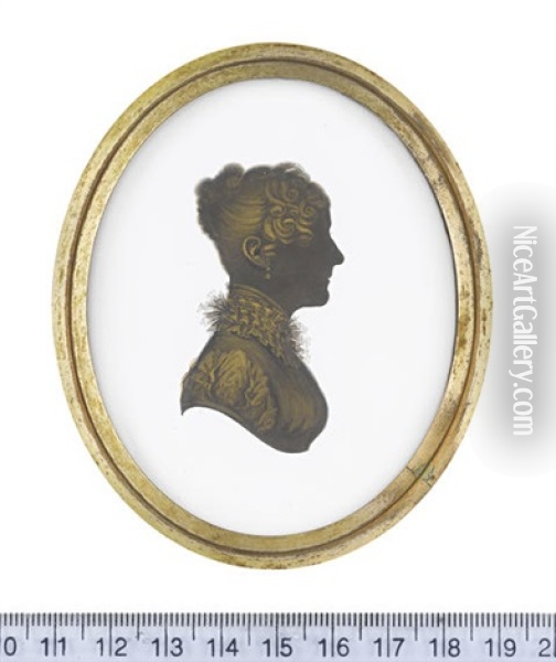 A Lady, Profile To The Right, Wearing Dress With Short Gathered Sleeve, Frilled Tulle To The High Collar And Pendent Earring Oil Painting - John M. Field