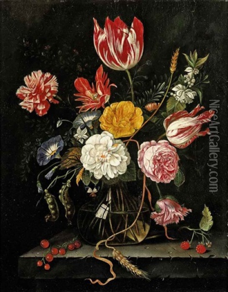 Tulips, Roses, Carnations And Other Flowers In A Glass Vase With Red Currants And Raspberries On A Stone Ledge Oil Painting - Cornelis De Heem