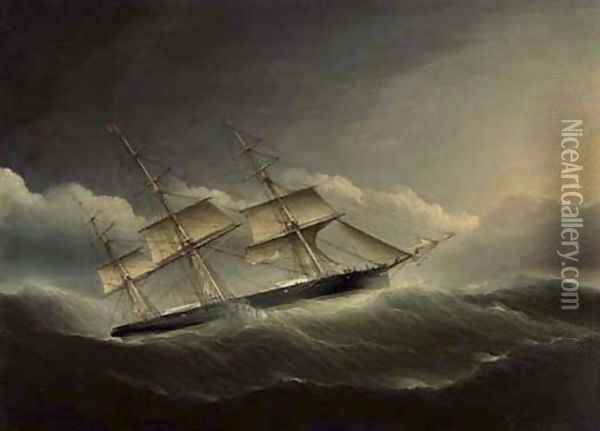 An American clipper ship battling through a hurricane under reduced sail Oil Painting - James E. Buttersworth