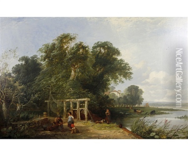 River Landscape With Figures And Dog By Eel Traps Oil Painting - Henry John Boddington