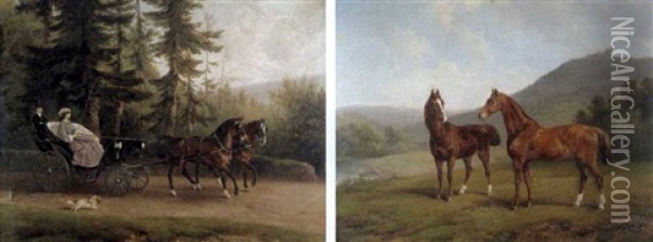 Carriage With Two Horses (+ Study Of Two Horses, 1860; 2 Works) Oil Painting - August Knip