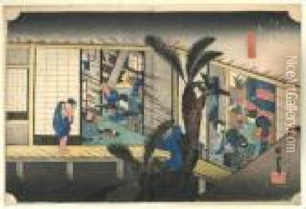 Les Cinquante Trois Stations Du Tokaido Akasaka, Ryosha Shofu No Zu Oil Painting - Utagawa or Ando Hiroshige