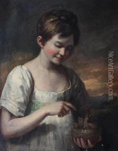 Young Girl, Possibly Jane, Third Daughter Ofthe Artist, With Nestlings Oil Painting - William Walker