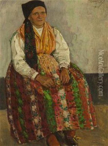 A Women In A Folk Costume Oil Painting - Vaclav Maly