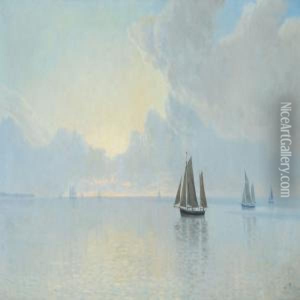 Scenery From Horsens Inlet With Ships At Sea, On A Quietday Oil Painting - Albert Edward Wang