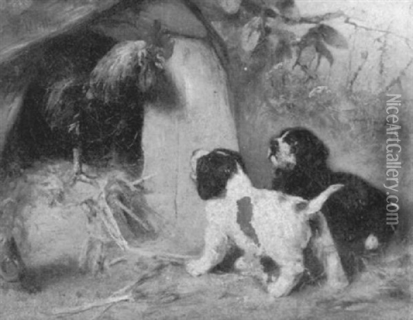Hahn Mit Zwei Kleinen Hunden Oil Painting - Max Ludwig Lebling