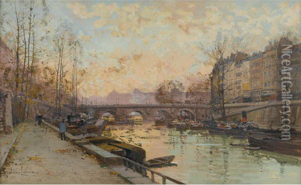 La Seine Oil Painting - Eugene Galien-Laloue