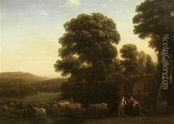 A Pastoral Landscape With A Shepherd And Shepherdess Beside Their Livestock In An Arcadian Landscape With Drovers On A Bridge Beyond Oil Painting - Claude Lorrain