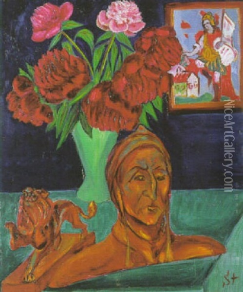 Dantebuste Mit Lowe Und Blumen Oil Painting - Stanislaw Stuckgold