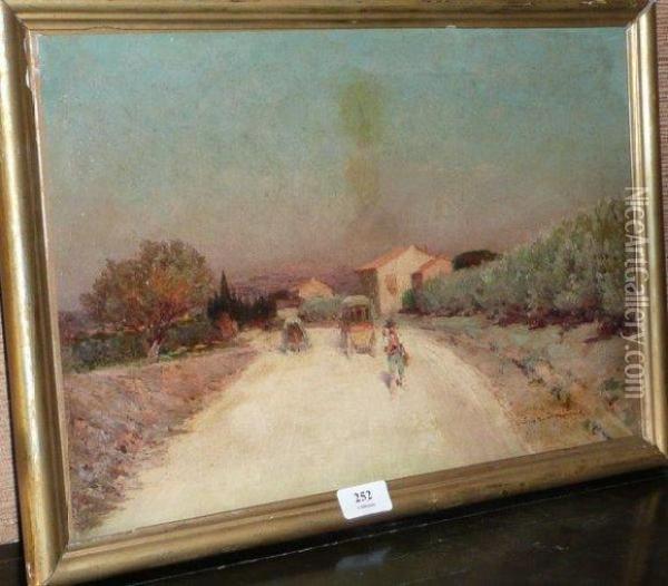 Sur Le Chemin. Oil Painting - Eugene De Barberiis