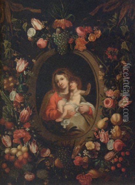 The Madonna And Child Within A Feigned Cartouche With Mixed Flowers And Fruits Oil Painting - Erasmus Quellinus II
