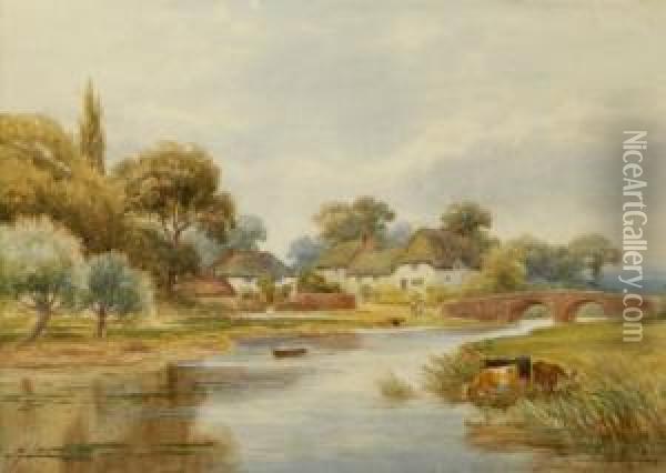 A Landscape With Cattle Drinking
 To Theforeground And A Bridge And Village In The Background Oil Painting - Harold Lawes