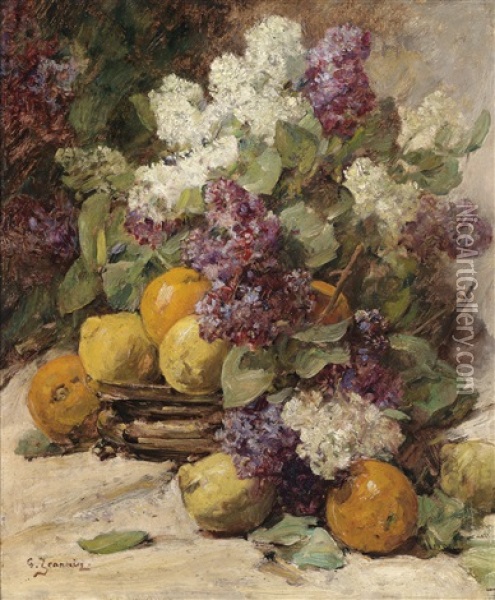 Blumenstuck Mit Flieder Und Zitronen Oil Painting - Georges Jeannin