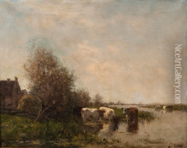River Landscape With Cows Oil Painting - Johannes Karel Leurs