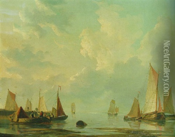 Moored Rivercraft At A Harbour Entrance Oil Painting - Frans Jacobus van den Blyk