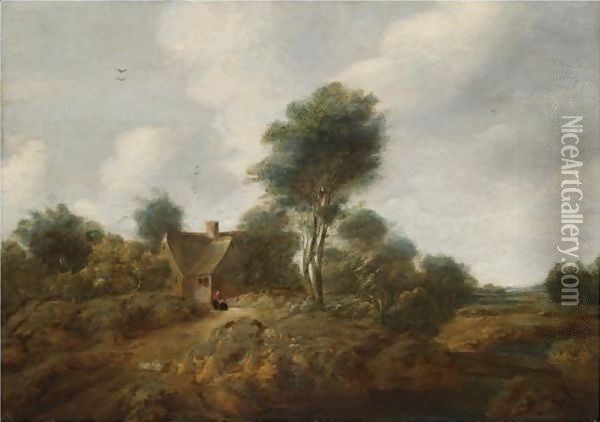 A Wooded Landscape With Figures Before A Cottage Oil Painting - Cornelis van Zwieten