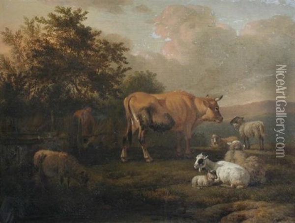 Cattle And Sheep In A Landscape, With A Peasant Oil Painting - Jacob van der Does the Elder