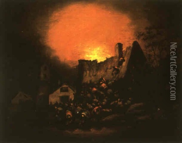 Burning Cottage At Night With People Fetching Buckets Of Water At A Stream Oil Painting - Egbert Lievensz van der Poel