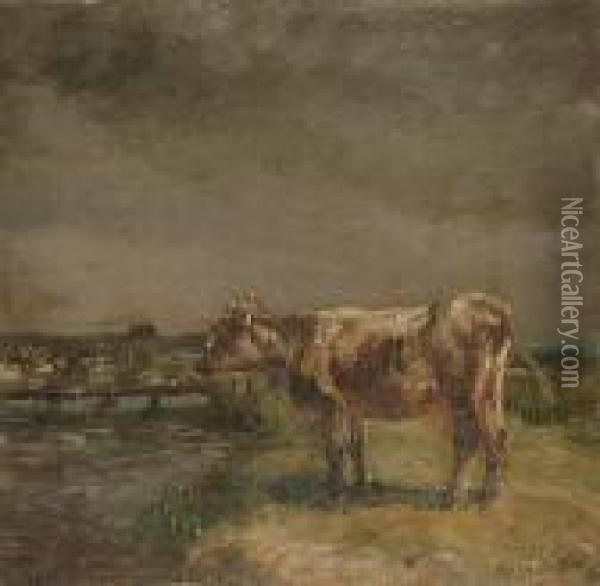 A Study Of A Standing Cow In A Landscape Oil Painting - William Mark Fisher