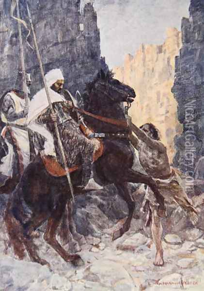 The Scottish knight Sir Kenneth with the Saracen surprised by Hamako as they rode in the Valley of the Shadow of Death illustration for The Talisman A Tale of the Crusaders by Sir Walter Scott Oil Painting - Vedder Simon Harmon