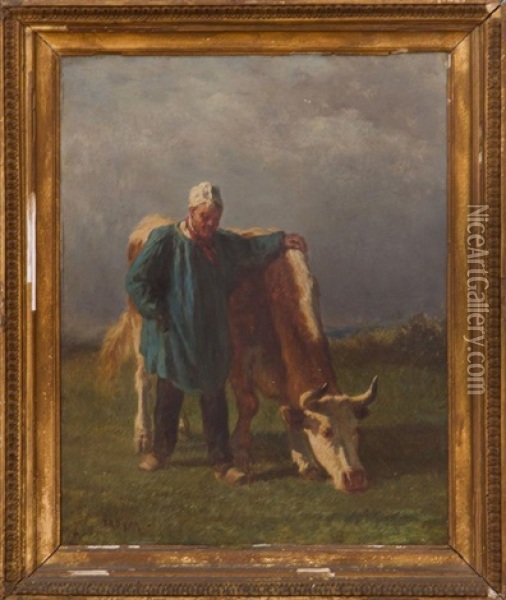 Figure And Cow Oil Painting - Constant Troyon