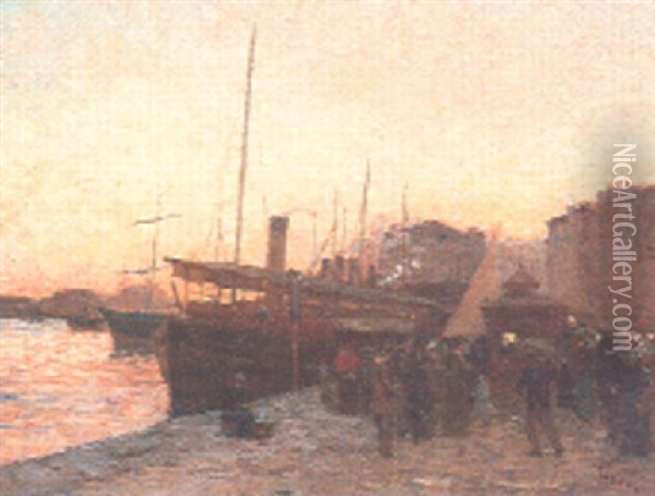 Docks At Sunset Oil Painting - Frank Myers Boggs