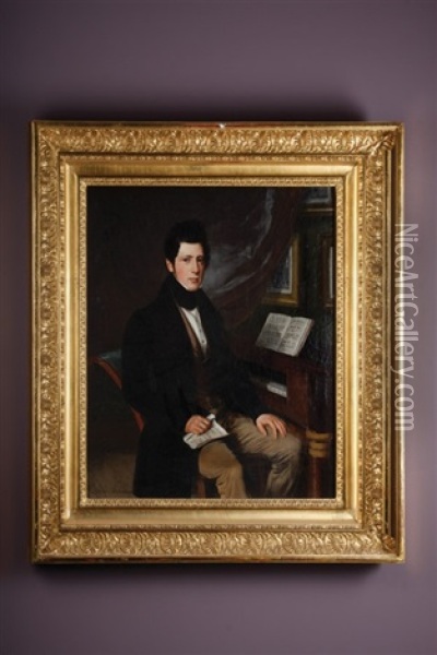 Portrait Of A Young Man Holding Music Beside A Piano Oil Painting - Sebastian Gutzwiller