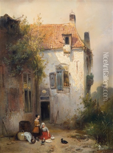 A Sunlit House With Two Girls Feeding The Ducks Oil Painting - Wijnand Nuijen