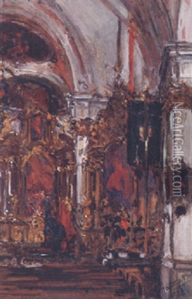 Inneres Einer Barocken Kirche Mit Blick Auf Haupt- Und Seitenaltar Oil Painting - Otto Hammel