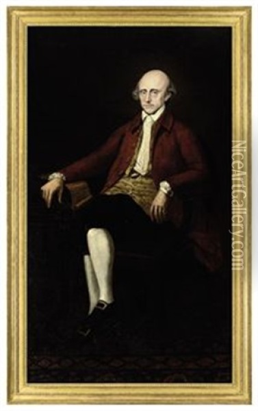 Portrait Of Warren Hastings, Governor-general Of Bengal, Seated At A Table, In A Red Coat And Flower-patterned Waistcoat, With A Letter Oil Painting - Arthur William Devis