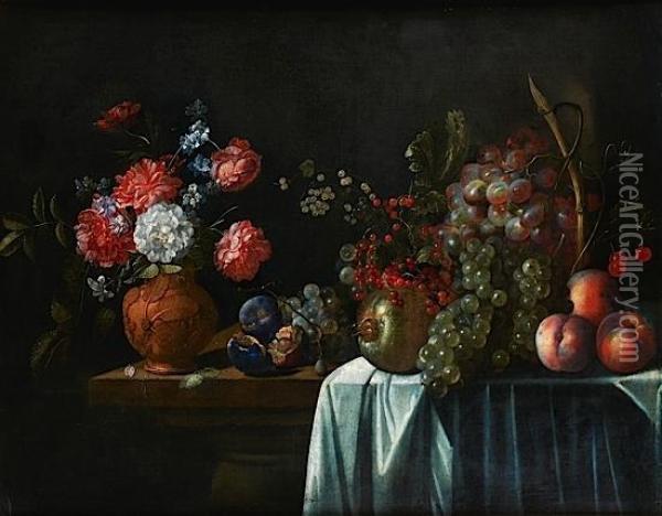 Nature Morte De Fleurs Et De Fruits Sur Un Entablement Oil Painting - Francois Habert