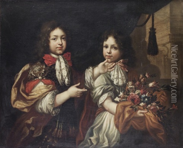 Portrait Of Two Boys, One Holding A Bouquet Of Flowers Oil Painting - Pierre Mignard the Elder