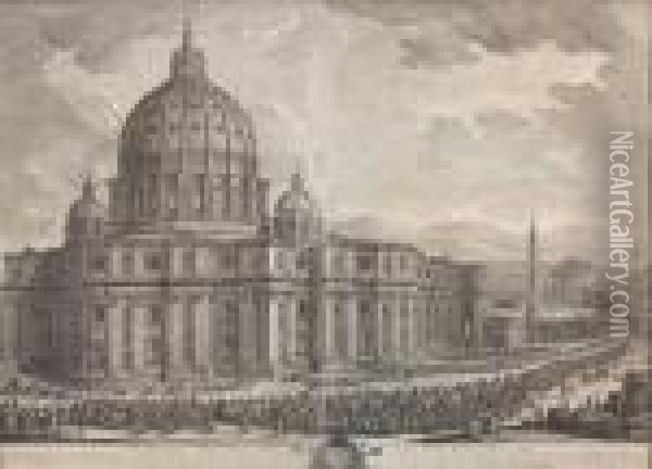 Drei Ansichten Des Petersdoms: Vorplatz, Ruckansicht Undinnenansicht Oil Painting - Giuseppe Vasi
