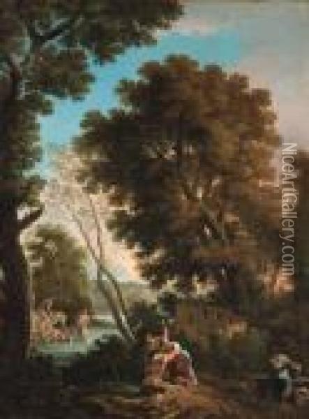 An Arcadian Landscape With 
Washerwomen, A Shepherd And Sheperdesscrossing A Stream Beyond Oil Painting - Andrea Locatelli