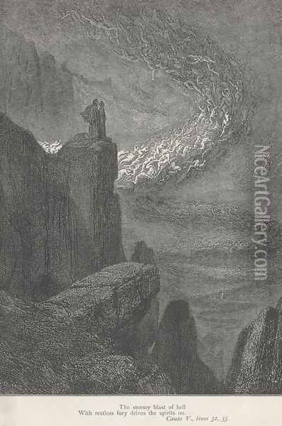 The stormy blast of hell (Canto V., line 32) Oil Painting - Gustave Dore