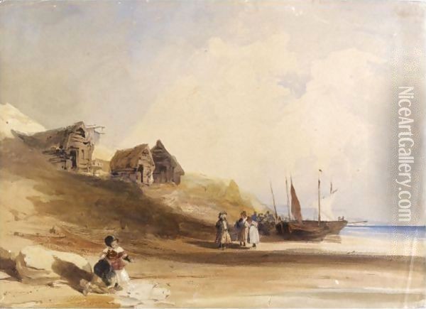 French Coastal Scene Wtih Figures, Boats And Fishing Shacks Oil Painting - Thomas Shotter Boys