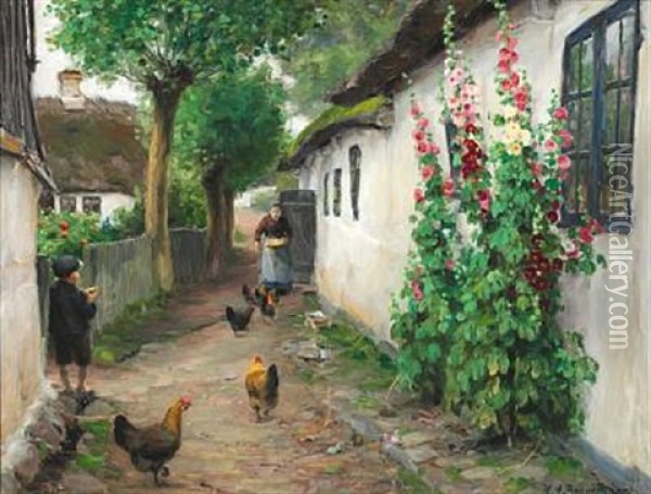 An Old Woman Feeding Chickens Outside Her House While A Little Boy Is Watching Oil Painting - Hans Andersen Brendekilde