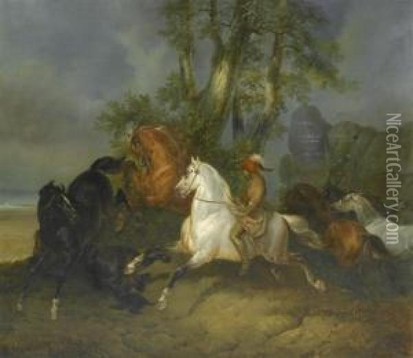 Indian Huntinghorses. Oil Painting - Johann Georg Volmar