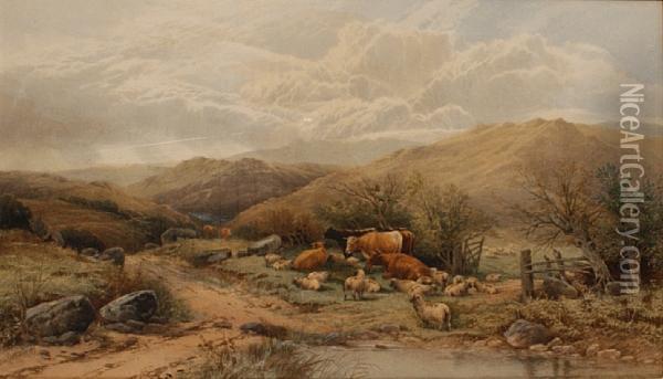Cattle And Sheep Grazing By A Path In An Extensive Landscape Oil Painting - Thomas, Tom Rowden