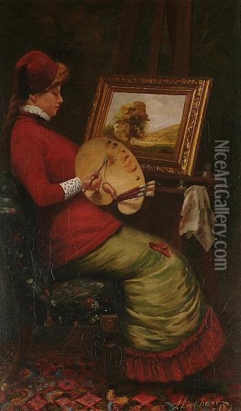 Portrait Of A Lady In Profile, Wearing A Fez, Seated Painting At Her Easel Oil Painting - John Gibson Lockhart