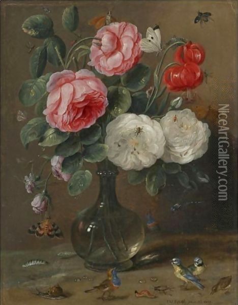 Still Life Of Roses In A Glass Vase With Numerous Insects, Including Butterflies Oil Painting - Jan van Kessel