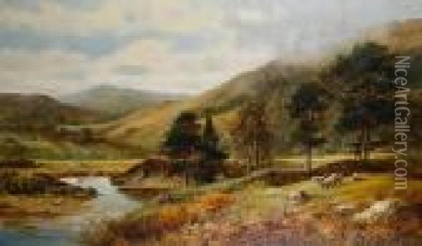 An Angler By A River With Sheep Grazing In Anearby Field Oil Painting - Joseph Thors
