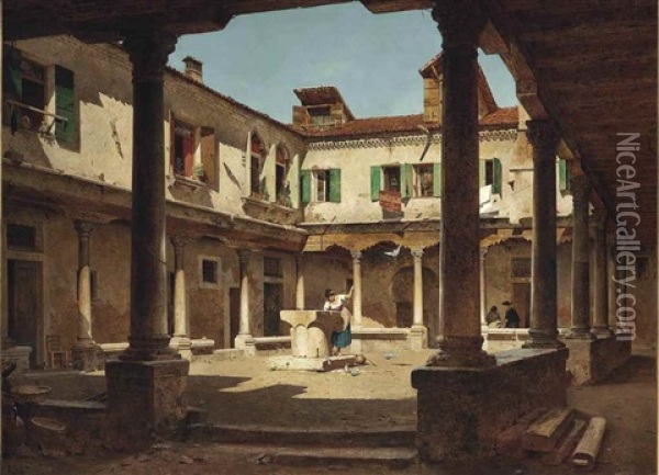 At A Well In A Sunlit Courtyard Oil Painting - Adolf Seel