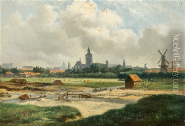 Panoramic View On The Hague (circa 1843) Oil Painting - Bartholomeus Johannes Van Hove